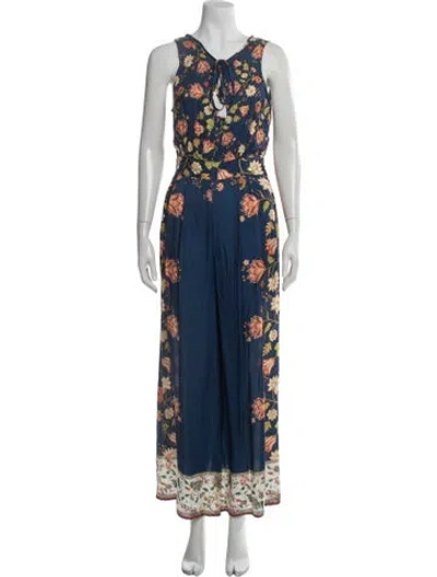 Pre-owned Farm Rio Floral Print Tie Neck Jumpsuit In Blue