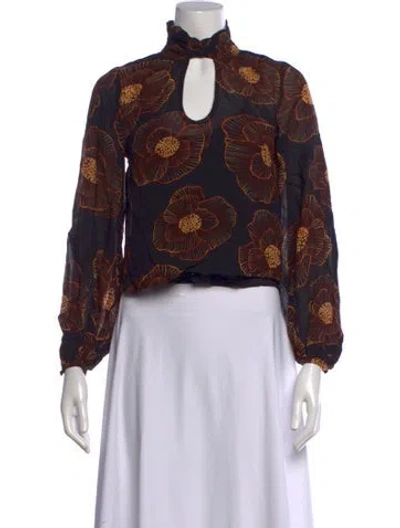 Pre-owned Farm Rio Floral Print Tie Neck Top In Multicolor