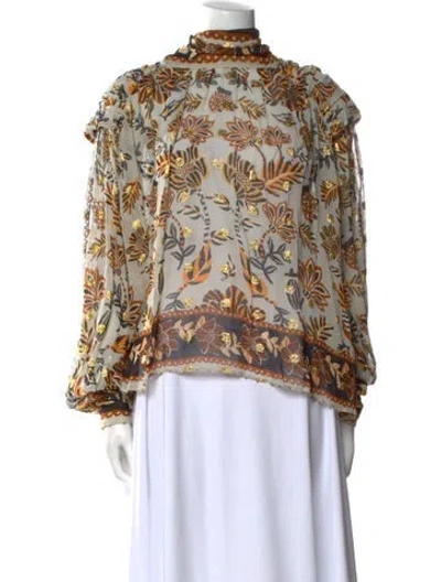 Pre-owned Farm Rio Floral Print Turtleneck Blouse In Brown