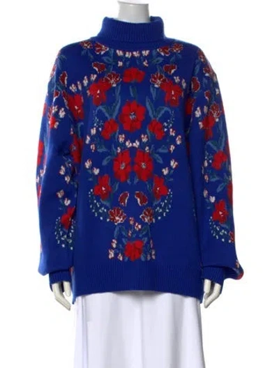 Pre-owned Farm Rio Floral Print Turtleneck Sweater W/ Tags In Blue