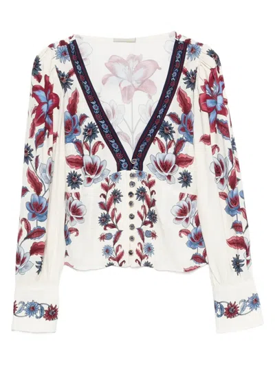 FARM RIO FLORAL-PRINT V-NECK BLOUSE