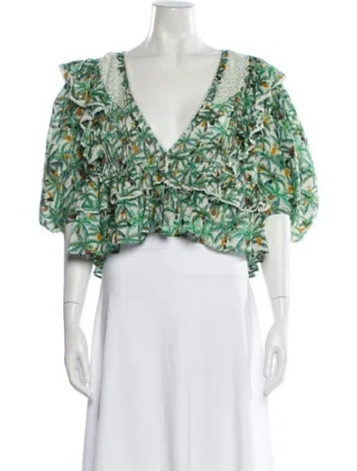 Pre-owned Farm Rio Floral Print V-neck Blouse In Green