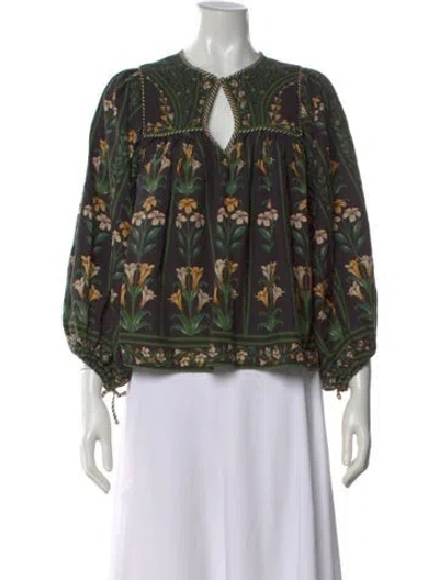 Pre-owned Farm Rio Floral Print V-neck Blouse In Green