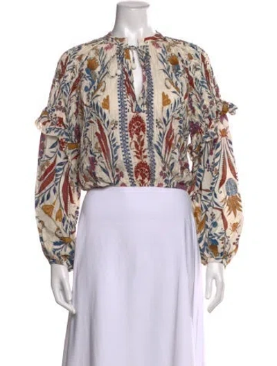 Pre-owned Farm Rio Floral Print V-neck Blouse In Neutral