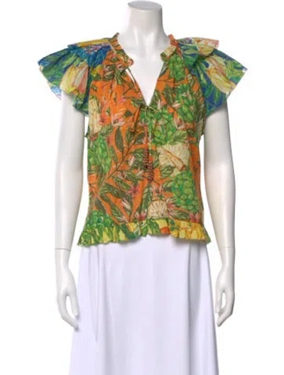 Pre-owned Farm Rio Floral Print V-neck Blouse In Orange