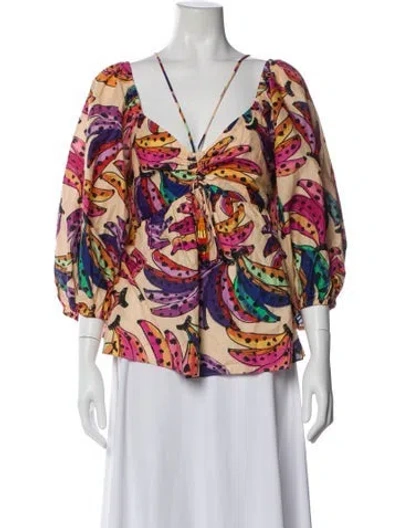 Pre-owned Farm Rio Floral Print V-neck Blouse In Orange