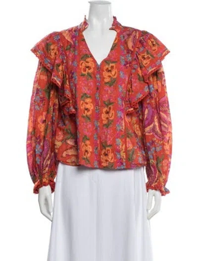 Pre-owned Farm Rio Floral Print V-neck Blouse In Orange