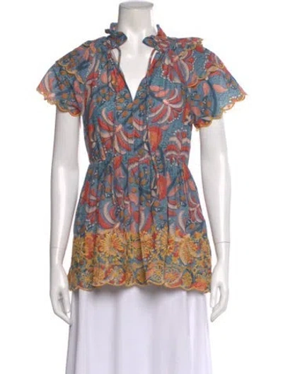 Pre-owned Farm Rio Floral Print V-neck Blouse In Red