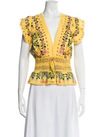 Pre-owned Farm Rio Floral Print V-neck Blouse W/ Tags In Blue