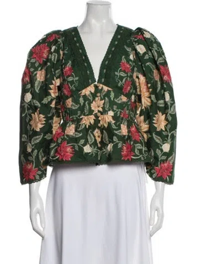 Pre-owned Farm Rio Floral Print V-neck Blouse W/ Tags In Green