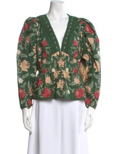 Pre-owned Farm Rio Floral Print V-neck Blouse W/ Tags In Green
