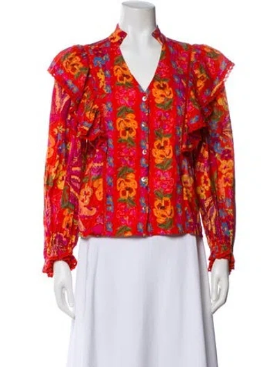 Pre-owned Farm Rio Floral Print V-neck Blouse W/ Tags In Red
