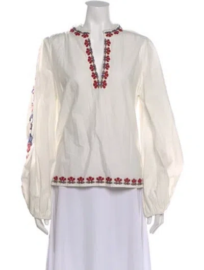 Pre-owned Farm Rio Floral Print V-neck Blouse In White