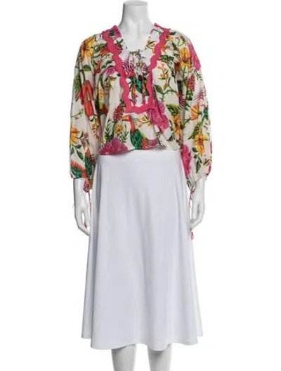 Pre-owned Farm Rio Floral Print V-neck Blouse In White