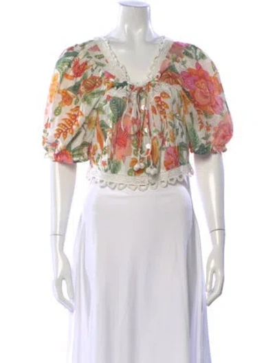 Pre-owned Farm Rio Floral Print V-neck Blouse In White