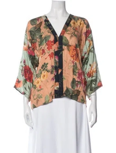 Pre-owned Farm Rio Floral Print V-neck Blouse In White