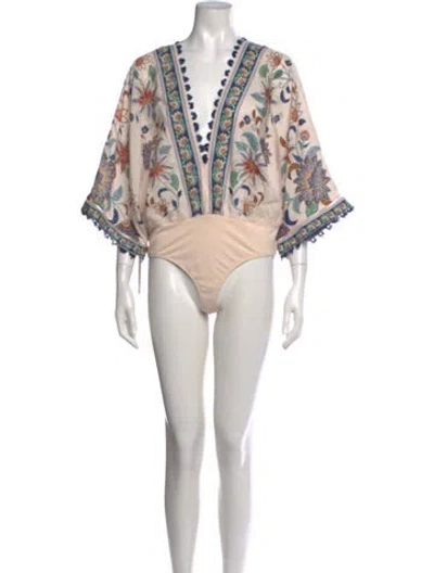 Pre-owned Farm Rio Floral Print V-neck Bodysuit In Neutral