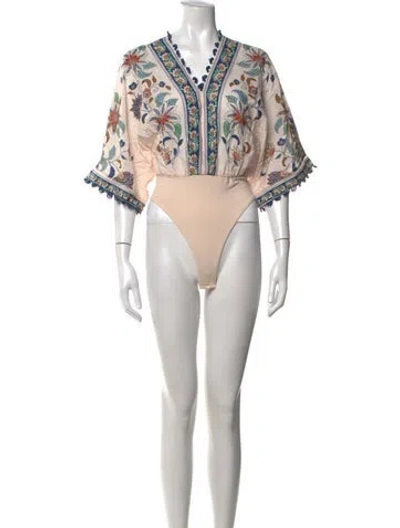 Pre-owned Farm Rio Floral Print V-neck Bodysuit In Neutrals