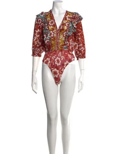 Pre-owned Farm Rio Floral Print V-neck Bodysuit In Red