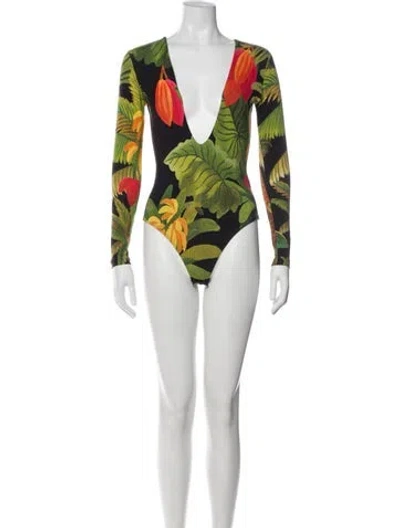 Pre-owned Farm Rio Floral Print V-neck Bodysuit W/ Tags In Green