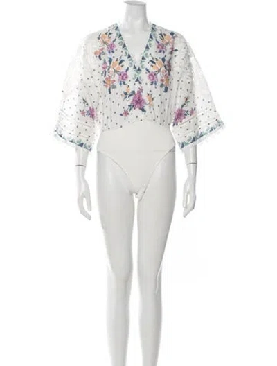 Pre-owned Farm Rio Floral Print V-neck Bodysuit W/ Tags In White