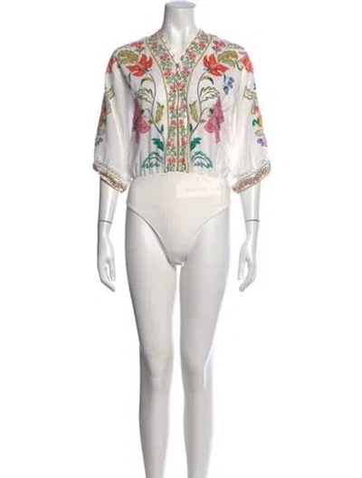 Pre-owned Farm Rio Floral Print V-neck Bodysuit In White