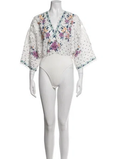 Pre-owned Farm Rio Floral Print V-neck Bodysuit In White