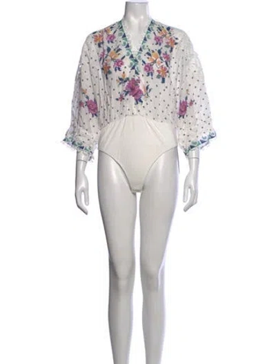 Pre-owned Farm Rio Floral Print V-neck Bodysuit In White
