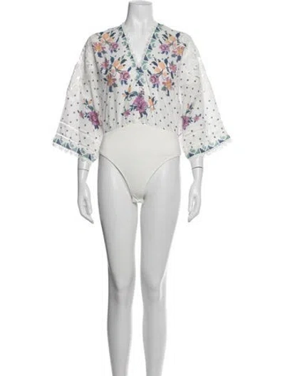 Pre-owned Farm Rio Floral Print V-neck Bodysuit In White