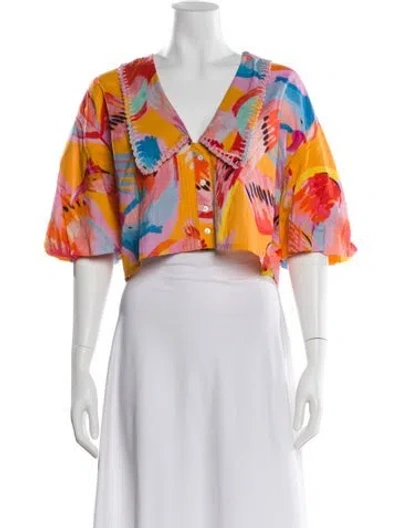 Pre-owned Farm Rio Floral Print V-neck Crop Top In Orange