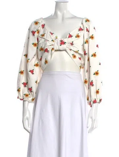 Pre-owned Farm Rio Floral Print V-neck Crop Top In White