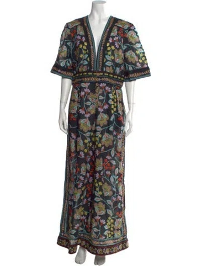 Pre-owned Farm Rio Floral Print V-neck Jumpsuit In Black