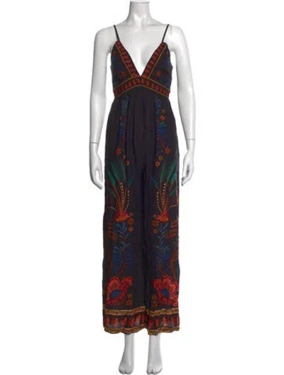 Pre-owned Farm Rio Floral Print V-neck Jumpsuit In Black