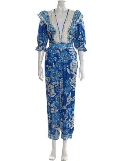 Pre-owned Farm Rio Floral Print V-neck Jumpsuit In Blue