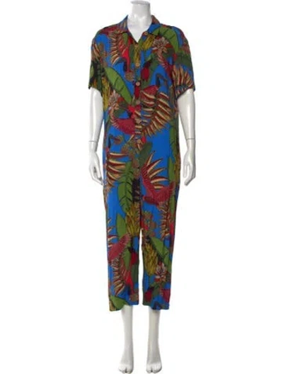 Pre-owned Farm Rio Floral Print V-neck Jumpsuit In Blue