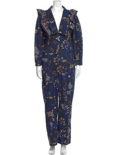 Pre-owned Farm Rio Floral Print V-neck Jumpsuit In Blue
