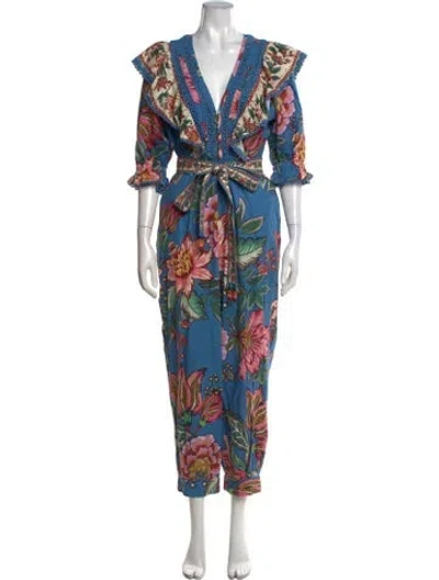 Pre-owned Farm Rio Floral Print V-neck Jumpsuit In Blue