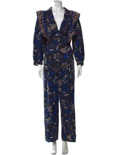 Pre-owned Farm Rio Floral Print V-neck Jumpsuit In Blue