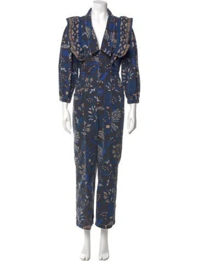 Pre-owned Farm Rio Floral Print V-neck Jumpsuit In Blue