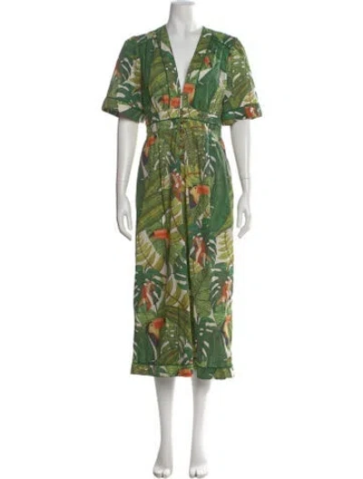 Pre-owned Farm Rio Floral Print V-neck Jumpsuit In Green
