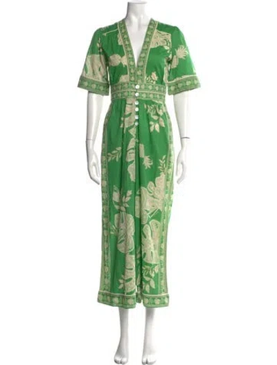 Pre-owned Farm Rio Floral Print V-neck Jumpsuit In Green