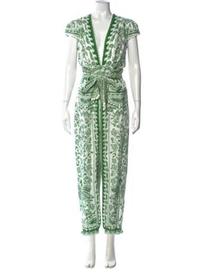 Pre-owned Farm Rio Floral Print V-neck Jumpsuit In Green