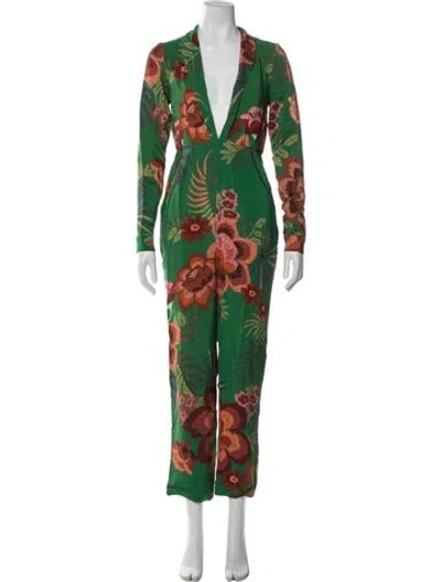 Pre-owned Farm Rio Floral Print V-neck Jumpsuit In Green