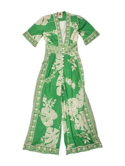 Pre-owned Farm Rio Floral Print V-neck Jumpsuit In Green
