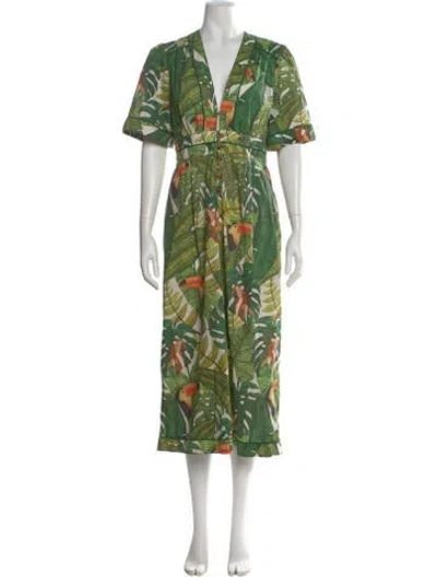 Pre-owned Farm Rio Floral Print V-neck Jumpsuit In Green