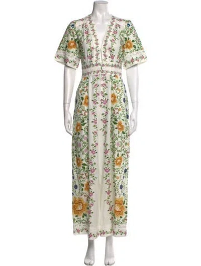 Pre-owned Farm Rio Floral Print V-neck Jumpsuit In Neutral