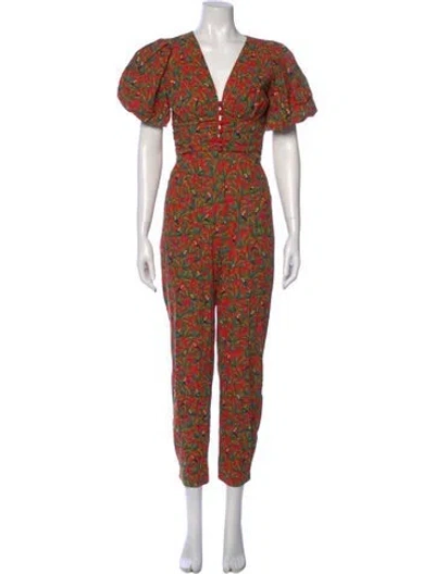 Pre-owned Farm Rio Floral Print V-neck Jumpsuit In Orange