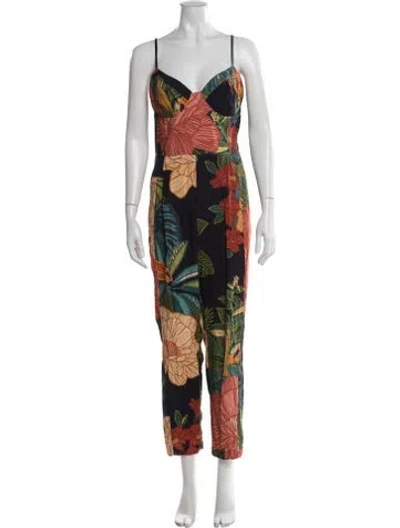 Pre-owned Farm Rio Floral Print V-neck Jumpsuit In Orange