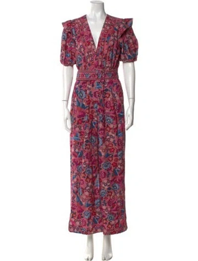 Pre-owned Farm Rio Floral Print V-neck Jumpsuit In Pink
