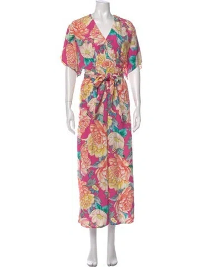 Pre-owned Farm Rio Floral Print V-neck Jumpsuit In Pink